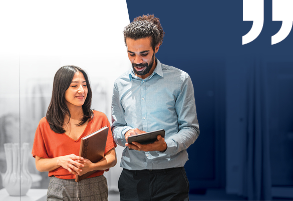 Employees connecting through education on tablet